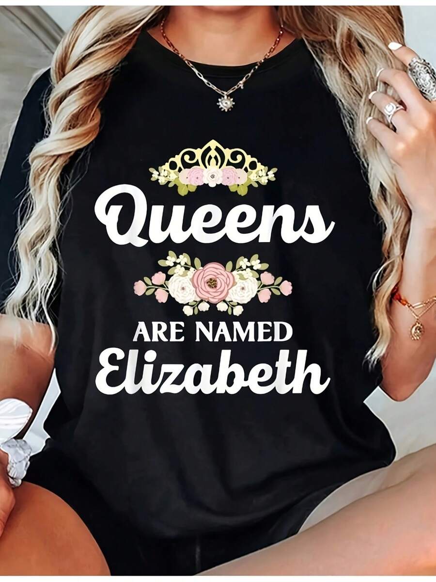 Women's Short-Sleeved T-Shirt, Casual Style, Perfect For Summer Leisure Time - Floral Print With Lettering, Black With White Text And Pink Roses, Machine Washable, Round Neck, Women's Spring And Summer T-Shirt, Loose Fit For Comfortable Wear, Fashionable Summer Item, Ideal As A Holiday Gift. Printed, Simple, Versatile, Loose Fit, Fitted Top With Round Neck. - 黑色 - 查看 1