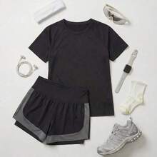 Cheerettes Women's Solid Color Short Sleeve T-Shirt And Contrast Color Shorts Outdoor Suit - Negro - Ver 3