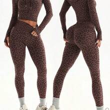 Dewbera 2pcs Women Seamless Leopard Print Hooded Zipper Thumb Hole Long Sleeve Sweatshirt And 7/8 Leggings Sports Suit For Running, Fitness, Yoga - Negro - Ver 2
