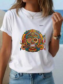 Limited Time Offer, Limited Quantity Available, Flash , Women's Shirts, Women's T-Shirts. Women's Comfortable Loose White T-Shirt, Short Sleeve Round Neck, Mexican  Print, Casual T-Shirt For Everyday Wear And Going Out - 白色 - 查看 10