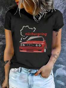 Women's Short-Sleeved, Slim-Fit, Casual Printed Cotton T-Shirt Featuring A Striking Nürburgring Race Car Print. Soft And Comfortable, Perfect For Everyday Wear And A Versatile Garment. . - 黑色 - 查看 7