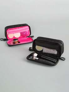 Black Nylon Dual Zipper Cosmetic Bag, Portable Travel Organizer, High-Quality Dual-Sided Toiletry Pouch - View 3