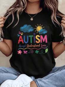 Women's Cotton T-Shirts, Autism Awareness T-Shirt, Colorful Accept, Understand And Love Design For Autism Support And Promotion, Perfect For Autism Awareness Month And Special Needs Events, Women's Basic Blouses. - 黑色 - 查看 2
