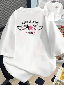 New 180g Short-Sleeved T-Shirt, 1% Cotton, With Front And Back Prints - Rock And Peace, Pink Star Wings - Fashionable Printed T-Shirt For Women, Short-Sleeved, Suitable For All Seasons,  Clothing - Can Be Worn As A Base Layer In Spring And Autumn Or Alone In Summer, Unisex. - 白色 - 查看 7