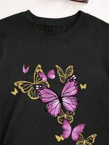 Camiseta de mujer para el verano, de cuello redondo, manga corta, con estampado de mariposa, informal y holgadaPure-Cotton - Negro - Ver 4
