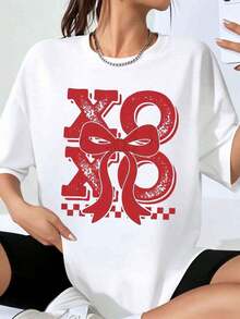 Women's Oversized T-Shirt With Xo Xo Bow Print, Casual Loose Fit, White Blouse, Urban Fashion Graphic Tee, Valentine's Day Gift - 白色 - 查看 7