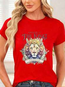 Simple And Versatile Design Women's Shirts T-Shirt With Colorful Lion Print And The Text "Daughter Of The King 2 Corinthians 6:18" For Daily Use And Casual Occasions. 100% Cotton Women's Anime & Cartoon T-Shirt, Soft Fabric, Lightweight Cotton T-Shirt - 紅色 - 查看 1