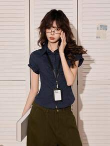 女款修身版型POLO領條紋短袖襯衫，海軍藍夏季款 - 藏蓝色 - 查看 5