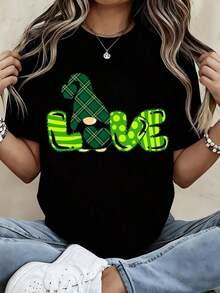 Mexican Women's Crew Neck T-Shirt With Loving Gnome Print, Short Sleeve, Casual St. Patrick's Day Wear, Summer Fashion Cotton T-Shirt - 黑色 - 查看 1