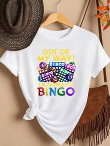 Women's Casual Short Sleeve Crew Neck Cotton T-Shirt - Bingo Game, I'm On , Stay Out Of ! - Fashionable Printed T-Shirt For Women, Spring/Summer, Your Best Choice! Simple T-Shirt For Everyday Wear - 白色 - 查看 1