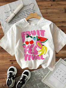 Women's T-Shirt With Fruit Graphic Print, Short Sleeve, Round Neck, Casual, With Vibrant Fruit And Letter Illustrations, Comfortable, Urban Vintage Style, Unisex, Loose Fit, Cotton, Short Sleeve, Round Neck - 白色 - 查看 2
