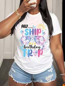 Aw Ship It's A Birthday Trip Tropical Vacation Women's T-Shirt, Summer Beach Party T-Shirt, Birthday Celebration Gift For Her, Fun Festive Clothing, 220g - Unisex Short Sleeve T-Shirt, Round Neck, Urban Vintage Style, 100% Pure Cotton - 白色 - 查看 3