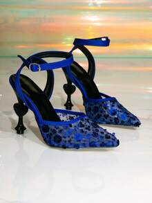 Giày sandal nữ màu đỏ, họa tiết nàng tiên cá, mũi nhọn, gót bất đối xứng, quai hậu, màu đen, lưới, thiết kế độc đáo. - Màu xanh lam - Xem 9