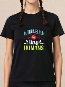 Premium 100% Cotton T-Shirt For Daycare And Childcare Workers, 'Outdone By Little Humans' Design, Casual, Comfortable, Summer Top, Crew Neck, Loose Fit T-Shirt, Gift Idea - 黑色 - 查看 4