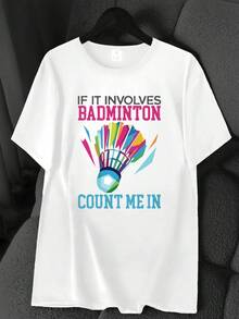 Colorful Printed Badminton Sports T-Shirt. Available In 6 Colors, Short Sleeves, Round Neck, High-Elasticity Casual Sports Top. Machine Washable. Suitable For Spring And Summer. Can Be Worn In All Seasons. Women's Clothing. Elegant Party Outfit, Stylish Ladies' T-Shirt, Blouses Suitable For Curvy Women, Casual Wear, Cool And Breathable Summer Clothing, Fun Letter Print. - 白色 - 查看 1