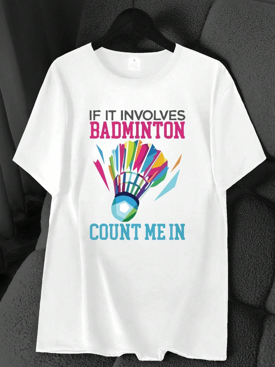 Colorful Printed Badminton Sports T-Shirt. Available In 6 Colors, Short Sleeves, Round Neck, High-Elasticity Casual Sports Top. Machine Washable. Suitable For Spring And Summer. Can Be Worn In All Seasons. Women's Clothing. Elegant Party Outfit, Stylish Ladies' T-Shirt, Blouses Suitable For Curvy Women, Casual Wear, Cool And Breathable Summer Clothing, Fun Letter Print. - 白色 - 查看 1
