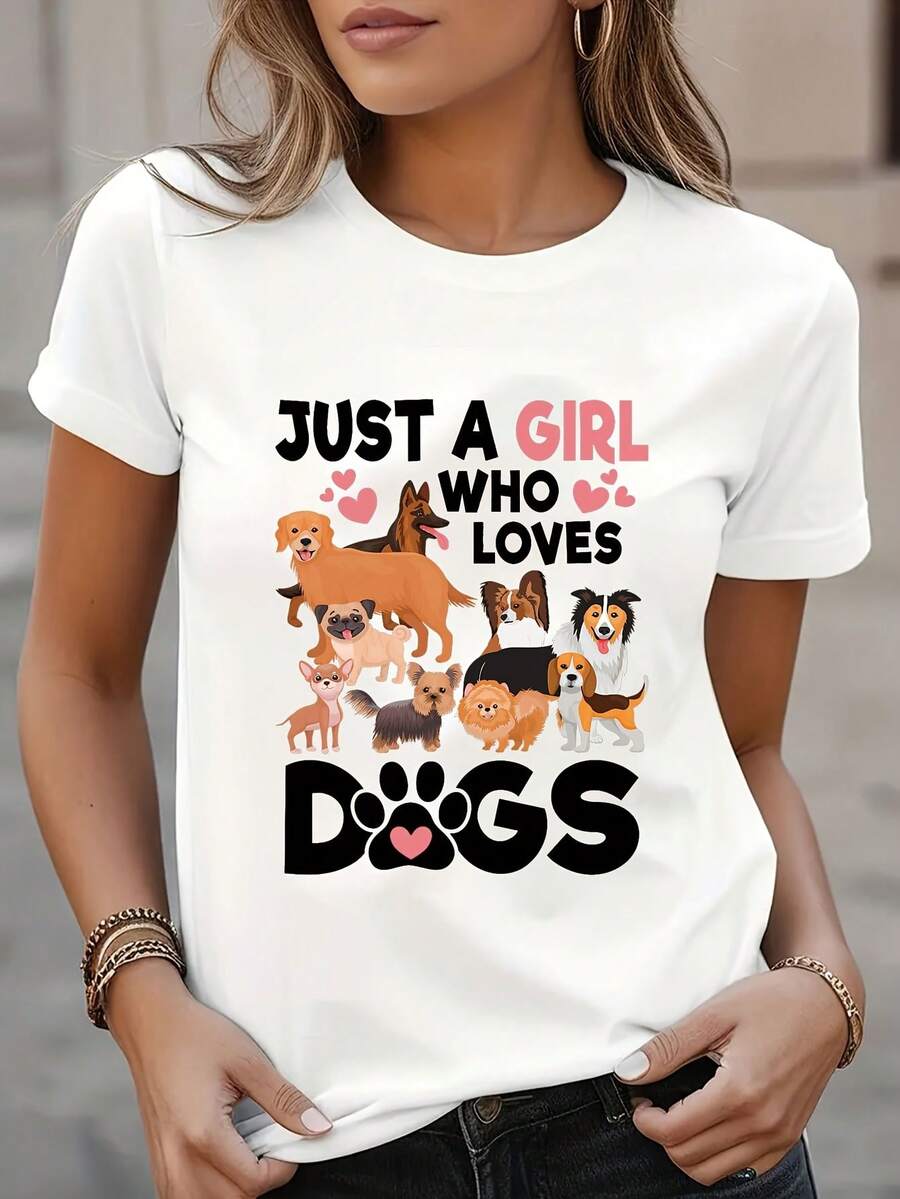 Women's Casual T-Shirt With "Just A Who Loves Dogs" Graphic - Soft And Stretchy Fabric, Short Sleeves, Crew Neck, All-Season Comfort, Fun Dog Design, Snug Fit, Gifts For Dog Lovers - 白色 - 查看 1