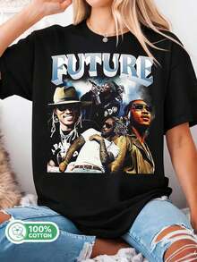 /Future Hip-Hop Legend Retro Collage Tee, Black Cotton T-Shirt, Rap Fan Merch - Black - View 1
