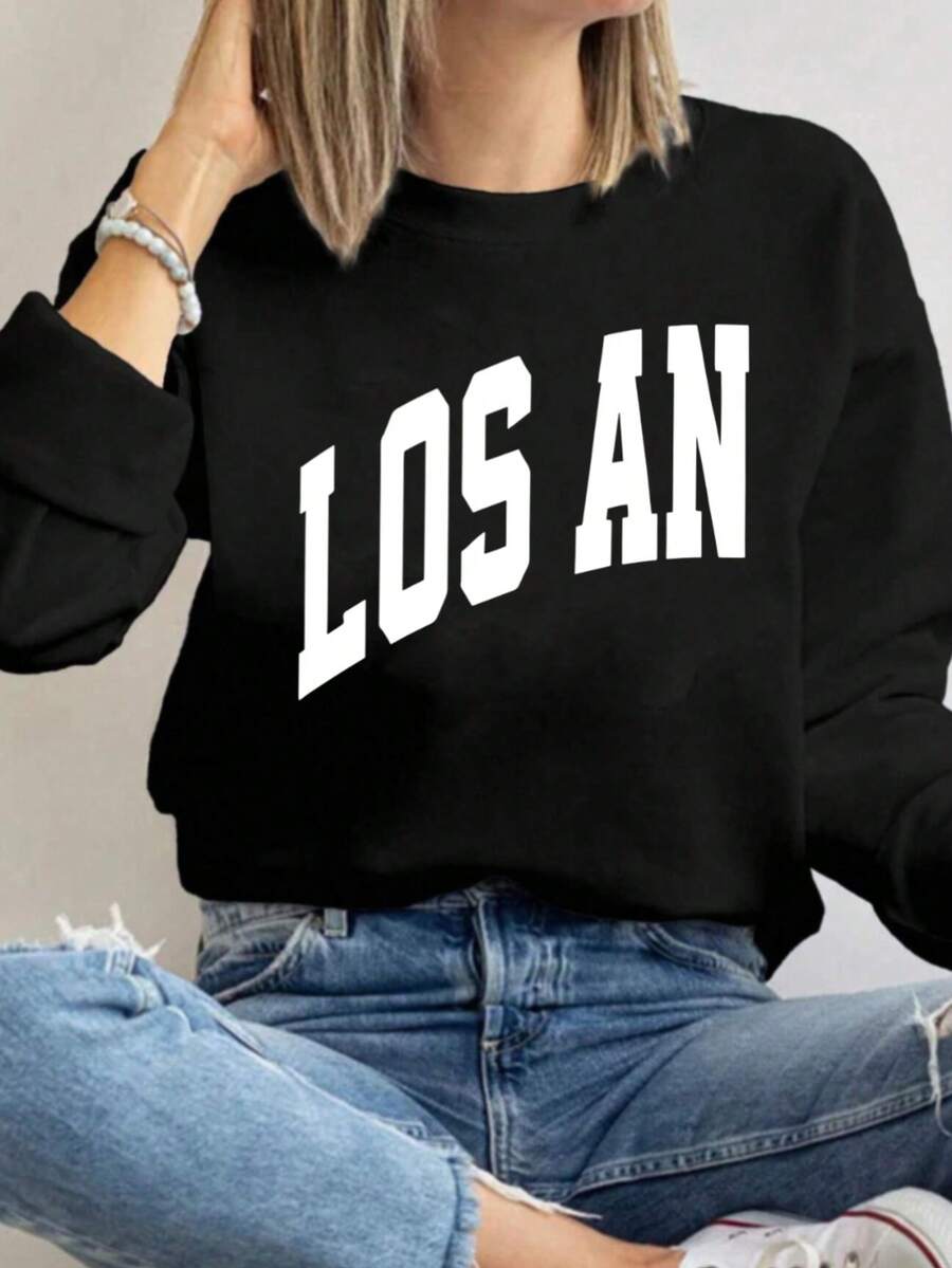 MSUCC|Women's Basic Crew Neck T-Shirt, Printed, American Style, Modern And Youthful Design, Suitable For All Seasons And Daily Wear, With Soft Fabric|Women's Casual Letter Print Sweatshirt - 黑色 - 查看 1