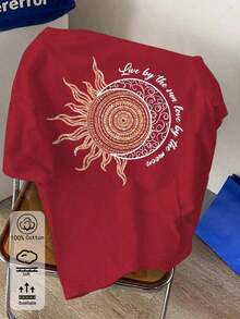 NewSummerCasual Women's Red T-Shirt, 100% Pure Cotton, Tailored, With A Design That Says "Looking At The Sun And Loving The Moon," A New Spring/Summer Women's Activewear Piece, Modern, Soft And Breathable, Short-Sleeved, Available In Plus Sizes. Unisex Loose-Fitting Cotton Short-Sleeved Crew Neck T-Shirt In An Urban Vintage Style - 紅色的 - 查看 6