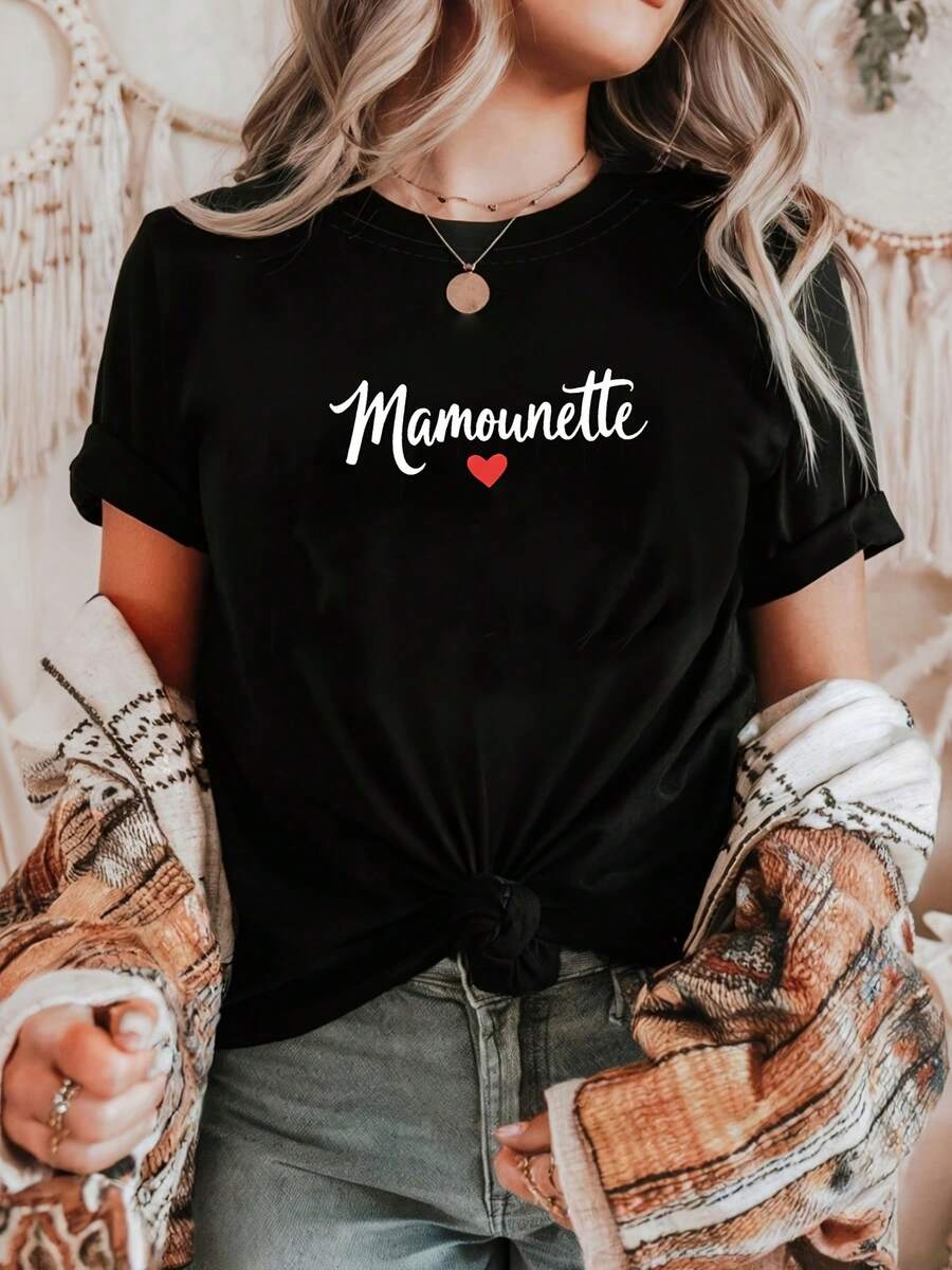 Women's "My Sweet Mom" French Letter T-Shirt - Short Sleeve Round Neck Blouse - Compatible Top | Spring-Summer Casual Blouse, Suitable For Spring And Summer Outfits, Machine Washable, French Print Clothing, Casual Women's T-Shirt, Short Sleeve And Round Neck, Local Spring/Summer Urban Fashion. - 黑色 - 查看 1