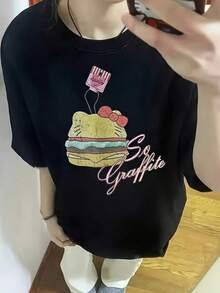 New 2026 Women's T-Shirts, Couple T-Shirts Buy It Now Funny T-Shirt With Colorful Hamburger Design Graffiti Style Unique Urban Fashion Comfortable Casual For Young People Available Sizes And Color Black Category Youth Clothing - 黑色 - 查看 6