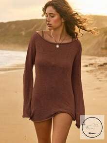 Vestido de playa de punto semitransparente y ligero para vacaciones - Café integral - Ver 5