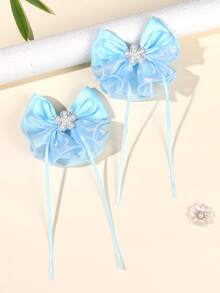 2 piezas Clips para el cabello con lazo de satén y tul color azul claro con centro de perla y diamante de imitación, accesorios de moda lindos, clips de cocodrilo y clips para el cabello, accesorios para el cabello para uso diario, fiestas y cumpleaños - Celeste - Ver 3