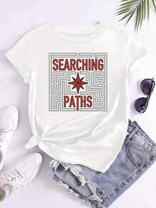 | Exquisite Design | Loose And Comfortable | Easy To Match | 1 Piece Of Women's Summer Clothing, "Explore Paths" T-Shirt With Maze And Star Design, Suitable For Adventure Travel, Stylish Women's Clothing, Style: Round Neck, Short Sleeve, Loose Fit, A Gift For Yourself/Family/Partner/Friends, Breathable Cotton T-Shirt. - 白色 - 查看 1