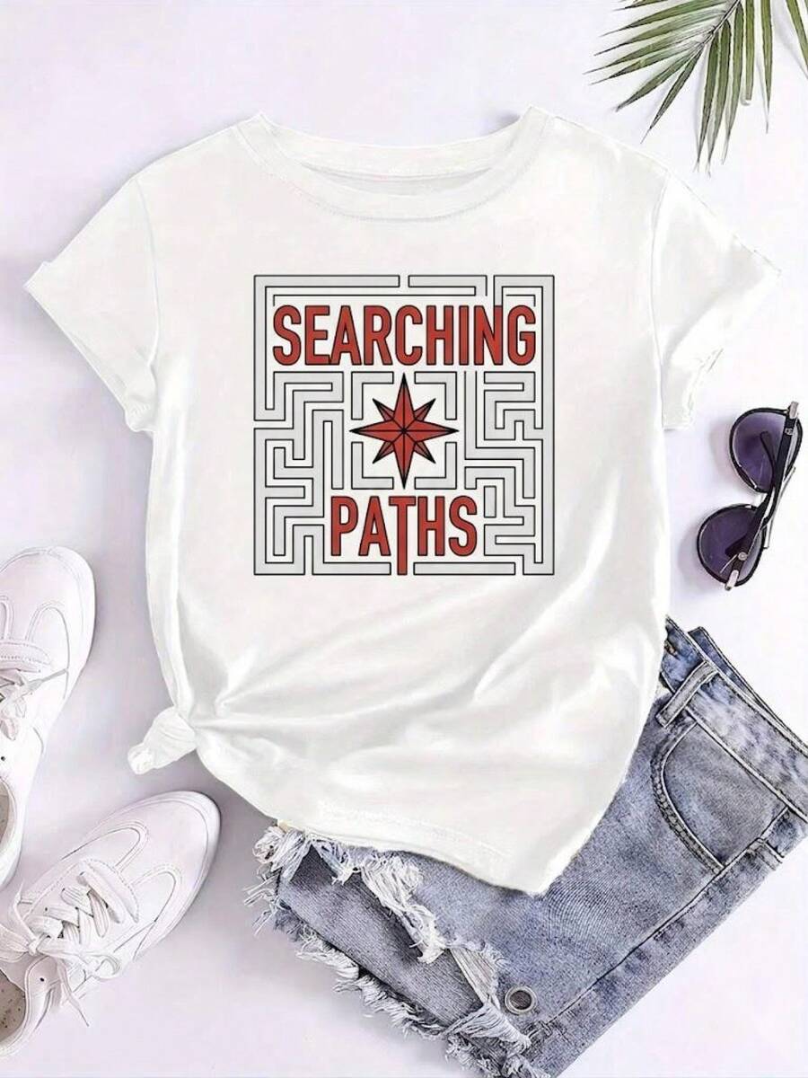 | Exquisite Design | Loose And Comfortable | Easy To Match | 1 Piece Of Women's Summer Clothing, "Explore Paths" T-Shirt With Maze And Star Design, Suitable For Adventure Travel, Stylish Women's Clothing, Style: Round Neck, Short Sleeve, Loose Fit, A Gift For Yourself/Family/Partner/Friends, Breathable Cotton T-Shirt. - 白色 - 查看 1