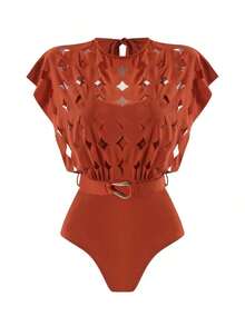 Swim Oasis Conjunto premium de cinturón de mujer de unicolor con diseño calado y cuello redondo - Color caoba - Ver 3