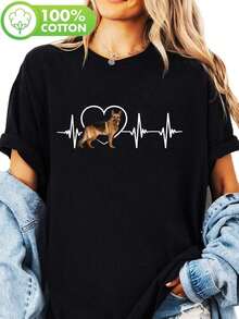 Y-Love Heart Shepherd Dog T-Shirt With Shepherd Heartbeat Print, Short Sleeve, Round Neck, Casual Style For Summer And Spring, Women's Clothing. - 黑色 - 查看 7