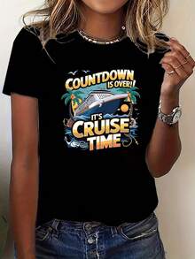 Women's 90s Retro Y2K Style T-Shirt, Soft And Comfortable, A Great Souvenir Gift For Cruise Trips, With A Countdown Print, Suitable For  And Fashionable Outfits, Casual Everyday Wear, And Elegant Attire. Crew Neck, Short Sleeve T-Shirt, Ideal For Team Uniforms On Cruise Vacations, 180g T-Shirt With Heat Transfer Printing. - 黑色 - 查看 7