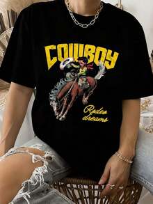 1 Piece Of Women's Graphic T-Shirt, Simple And Casual Print, Y2K Style, Round Neck, Short Sleeves, High Quality Women's Clothing, Suitable For Daily Wear And Outdoor Activities, Soft. - 黑色 - 查看 7