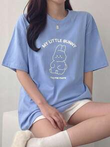 Camiseta Casual de Verano para Mujer , Manga Corta, con Estampado de Lema, Camisetas Bonitas, Camiseta Oversize, Camisetas con Gráficos, Ropa para Maestras - Azul - Ver 6
