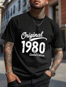 Men's Cotton Crew Neck Graphic Print T-Shirt, Black And White Options, Original 1980 Limited Edition, Oversized Casual Wear T-Shirts, Loose Short Sleeve Tops For Spring, Fashionable Basic Summer T-Shirts, Gift Clothing For Men - 黑色 - 查看 2