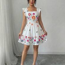 Vestido casual de vacaciones con estampado floral, sin mangas, cuello cuadrado, cintura ceñida y volantes en el bajo, adecuado para carnaval, Día del Trabajo, Pascua, vuelta al colegio, Día del Maestro, estudiante, campus, viaje, verano - Celeste - Ver 8