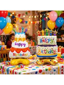 Set de 2 bases de pastel de diferentes tamaños con globos de aluminio, base pequeña con diseño de pastel de cumpleaños colorido, adecuado para decoración de fiestas de cumpleaños, aniversarios, Día de los Caídos, Año Nuevo y reuniones, globo decorativo con tema de cumpleaños - Pastel base - Ver 7