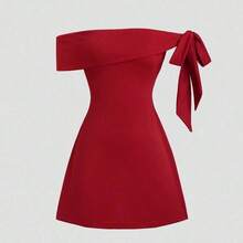 Vestido mini de línea A con cintura ajustada, hombros descubiertos, mangas con lazo asimétrico, adecuado para ir a trabajar, viajar y uso diario, primavera/verano - Negro - Ver 2