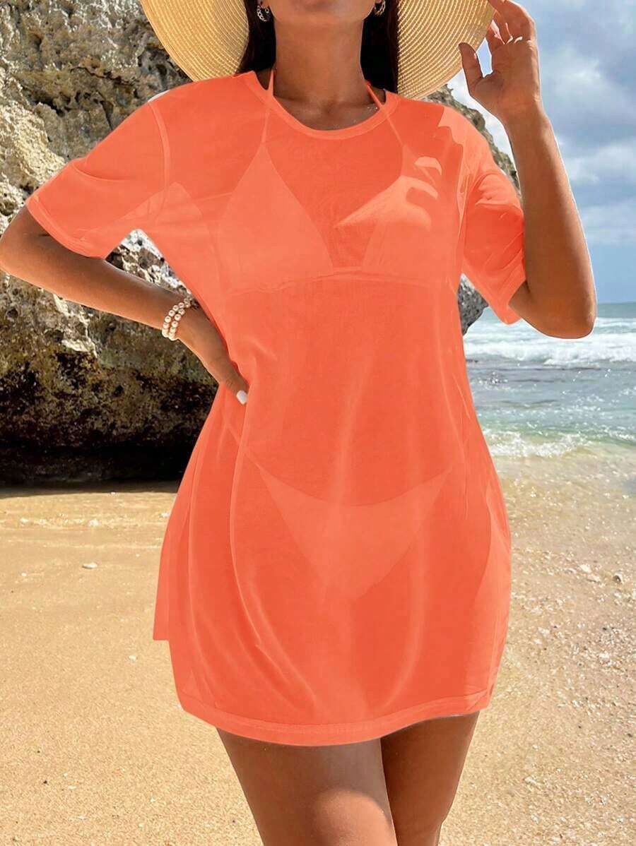 Vestido kaftan de mujer de unicolor con cuello redondo y manga corta, para usar en vacaciones - Naranja Quemada - Ver 1