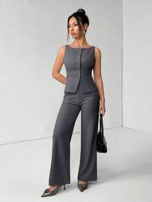 PETITE Conjunto de chaleco y pantalones de un solo pecho de unicolor con cuello redondo, elegante traje de oficina para mujer, ropa de mujer de verano y otoño, conjunto de oficina, ropa casual de negocios, conjunto de dos piezas, ropa de oficina de otoño para mujer, conjunto de blazers para mujer - Gris Oscuro - Ver 6