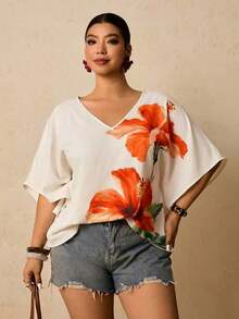 Blusa holgada con estampado floral para mujer de talla grande - Naranja - Ver 5