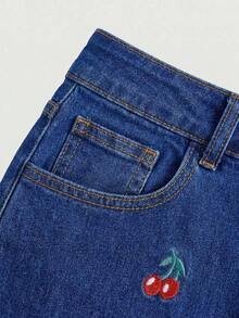 MOD Falda vaquera casual con bolsillo bordado con cerezas para mujer - Azul - Ver 5