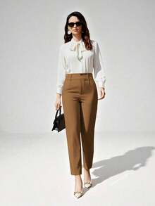 Pantalones de traje ajustados de nueve puntos para mujer - Marrón - Ver 4