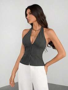 Tall Blazer casual de unicolor con cuello en V para mujer, top de traje tejido - Conjunto de otoño vintage seductor de oficina para maestras - Gris Oscuro - Ver 3