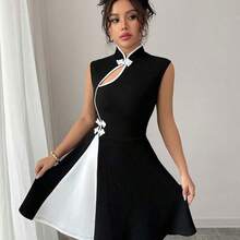 Vestido elegante de mujer con diseño de botones, cuello polo y bloqueo de color - Negro - Ver 6