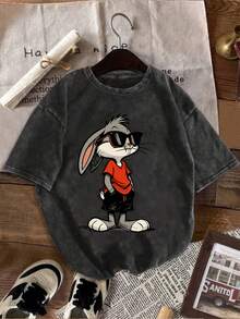 From WB Warner, Women's Retro Graffiti Style T-Shirt, Washed For A Distressed Look, Printed Design With Fashionable Glasses And Pocket, Casual Short Sleeve Crew Neck Jacket For Spring And Summer, Suitable For Daily Wear, Casual And Party - Black - View 1