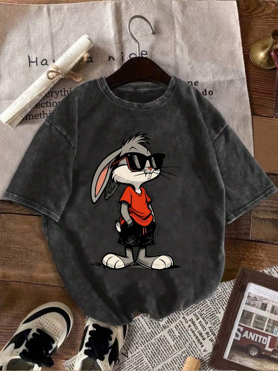 From WB Warner, Women's Retro Graffiti Style T-Shirt, Washed For A Distressed Look, Printed Design With Fashionable Glasses And Pocket, Casual Short Sleeve Crew Neck Jacket For Spring And Summer, Suitable For Daily Wear, Casual And Party - Black - View 1