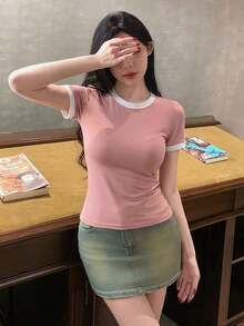 Camiseta de manga corta minimalista de unicolor para mujer, uso casual de todos los días en verano - Rosa - Ver 4