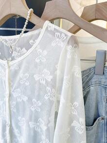 Chaqueta fina de mujer de un solo boton con mangas largas de red de mariposa - Blanco 2 - Ver 4
